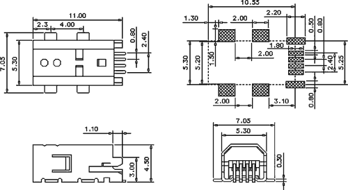 MiniUSB B ligzda 4pin, horizontala, SMD veida PCB