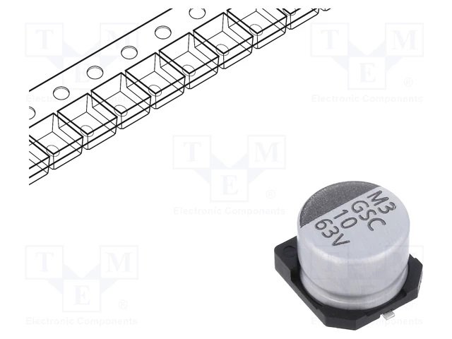 10/63V SMD 105C, Ø8x6.5mm, ±20%, elektrolitiskais kondensators, 2000h, VISHAY