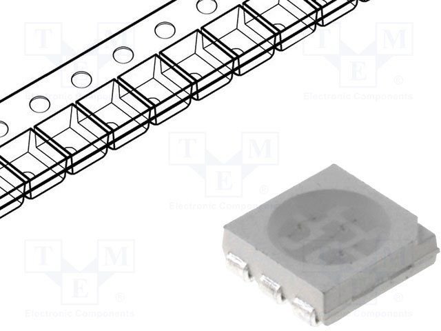 Gaismas diode SMD, zils, 5050, PLCC6, 800...1200mcd, 2.8...3.8V/60mA, 120grad., 3 atseviškas LED vienā korpusā, PLCC6