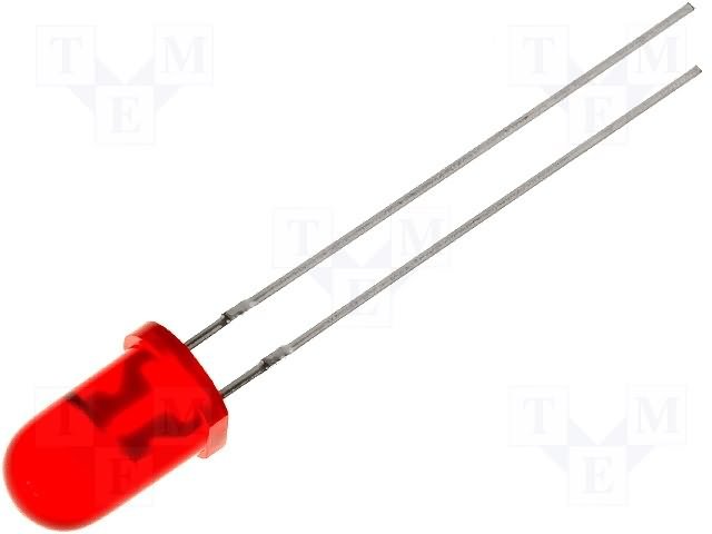 5mm, sarkans, mirgojoša, 3.5-14V, 50mcd, 60grad, 20mA, 625nm, gaismas diode