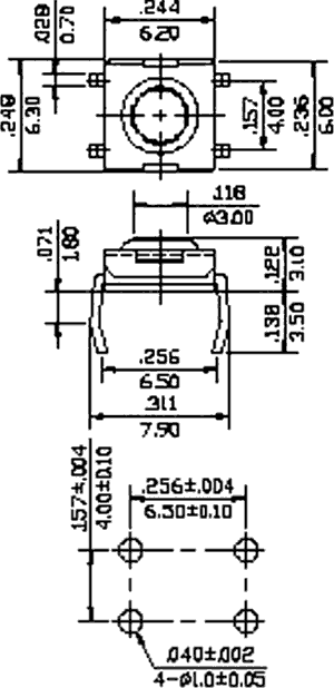 Mikroslēdzejs horizontāls, SPST-NO, OFF-(ON), 0.05A/12VDC, 6.2x6.2x2.8mm, 1.6N, L=0.3mm