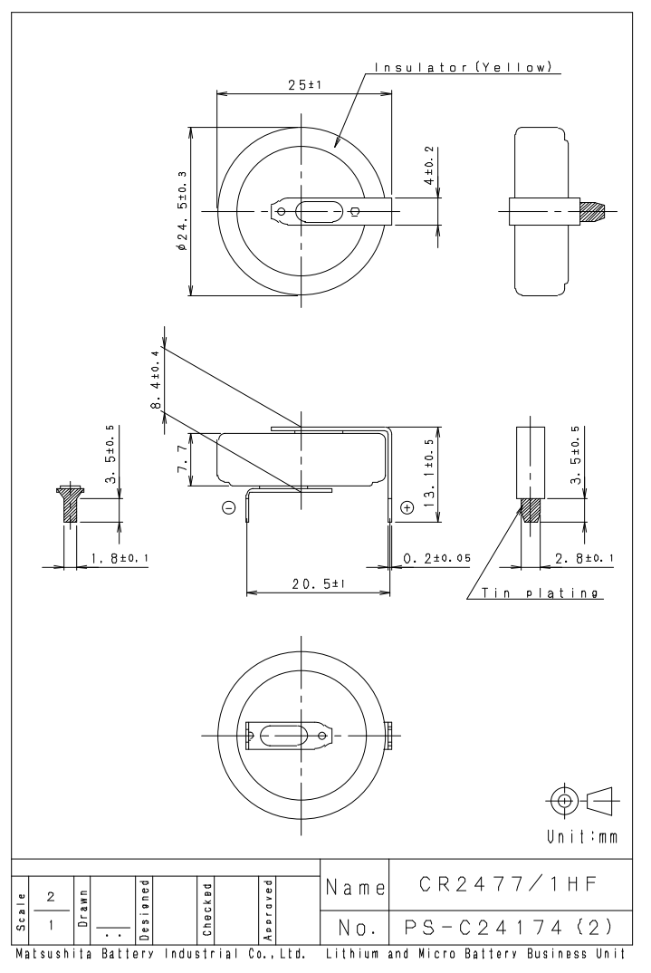 CR2477 litija baterija ar kajām, 3.0V, Ø24.5x7.7mm, PANASONIC, 10.76g.