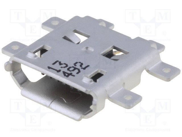 MicroUSB-B, ligzda 5 pin, leņkisks, SMD veida, vidū platei, 6 piestiprinājuma punkti, MOLEX