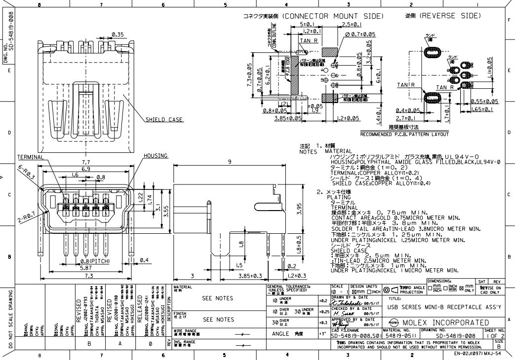 MiniUSB B ligzda 5 pin, horizontala veida PCB