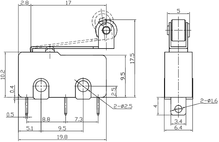 Mikropārslēdzējs ar sviru (ar ruliti) L=25mm, SPDT, ON-(ON), 5A/250VAC, IP40, 19.8x6.4x10.6mm, viens kontakts