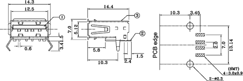 USB A(2.0) ligzda uz šasijai, SMD montāža