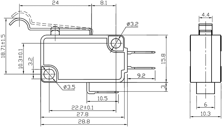 Mikropārslēdzējs ar sviru (ar izliekto galu) L=23mm, SPDT, ON-(ON), 10A/250VAC, IP40, 28x10.3x16mm, viens kontakts