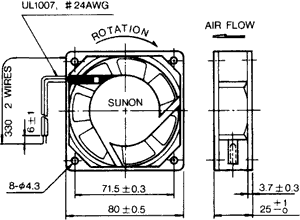 80x80x25mm, AC230V, slīdgultnis, 28.9m3/h, 29dB, 2300rpm, 14W, Ventilators