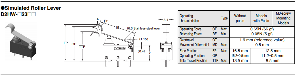 Mikropārslēdzējs ar sviru (ar izliekto galu) L=15mm, SPDT, ON-(ON), 0.1A/125VAC, 2A/12VDC, IP67, 13.3x5.3x9.3mm, PCB, OMRON