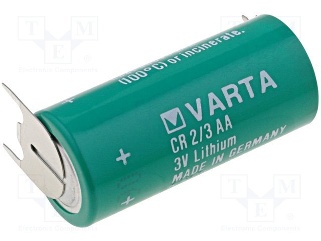 Litija baterija ar cietām kājiņām, 3.0V, 2/3AA, Ø14.8x33.5mm, 1350mAH, 20gr.