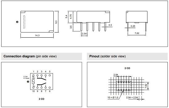 Relejs DC5V, DPDT, 2x0.5A/125VAC, 2x2A/30VDC, 250Ω(21mA), divi kontakti uz pārslēgšanu, 14.3x9.3x5.4mm, bistabilas/polarizetais, RELPOL