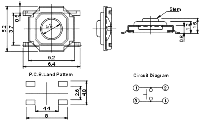 Mikroslēdzejs horizontāls, SPST-NO, OFF-(ON), 0.05A/12VDC, SMD, 5x5x2mm, 2.5N, L=0.5mm