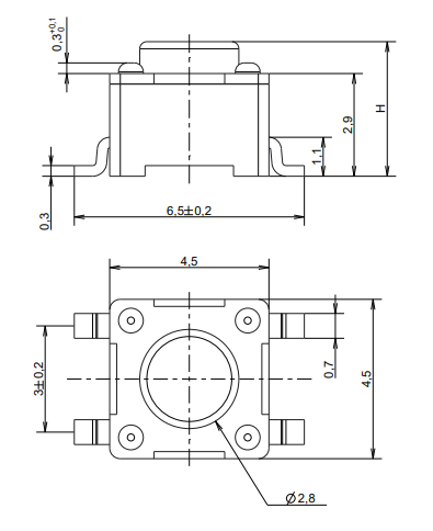 Mikroslēdzejs horizontāls, 4.5x4.5x2.9mm, SPST-NO, OFF-(ON), SMD, 0.05A/12VDC, 1N, L=0.9mm