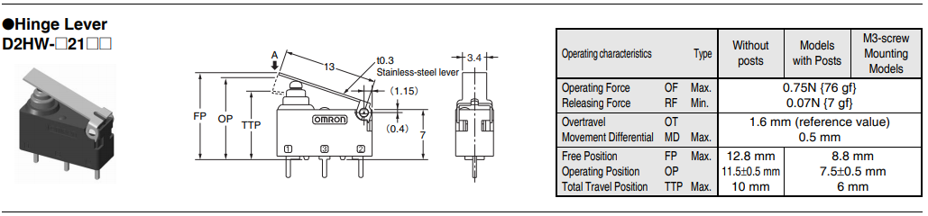 Mikropārslēdzējs ar sviru (taisns) L=13mm, SPDT, ON-(ON), 0.1A/125VAC, 2A/12VDC, IP67, 13.3x5.3x6.5mm, PCB, OMRON