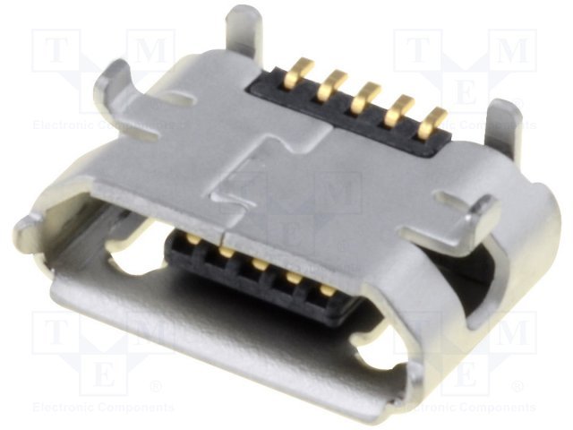 MicroUSB-B, ligzda 5 pin, leņkisks, SMD veida PCB, 4 piestiprinājuma punkti, (Molex)