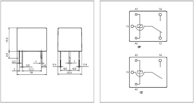 Relejs DC9V, SPDT, 10A/250VAC, 15A/24VDC, 225Ω(40mA), IP64, viens kontakts uz parsaslēgšanu, 19x15.4x15.5mm, RELPOL