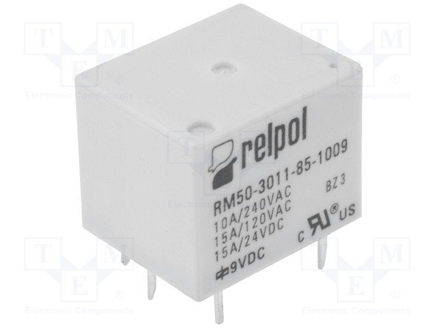 Relejs DC9V, SPDT, 10A/250VAC, 15A/24VDC, 225Ω(40mA), IP64, viens kontakts uz parsaslēgšanu, 19x15.4x15.5mm, RELPOL