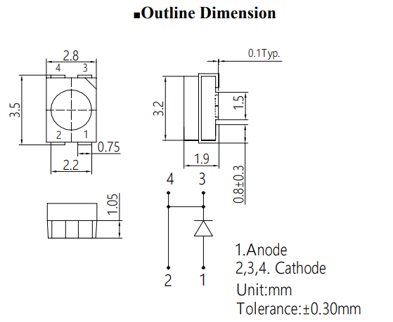 Gaismas diode SMD, zaļš, 3528, 2180-3300mcd, 3...3.8V/50mA, 525nm, 3.5x2.8x1.9mm, 120grad., kopējs katods, PLCC4