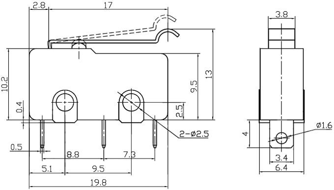 Mikropārslēdzējs ar sviru (ar izliekto galu, Ø=6mm), L=17mm, SPDT, ON-(ON), IP40, 5A/250V, viens kontakts