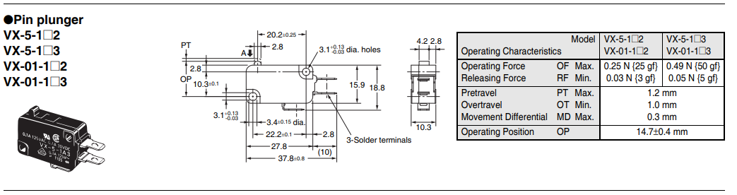 Mikropārslēdzējs bez sviras, SPDT, ON-(ON), 5A/250VAC, IP40, 27.8x10.3x15.9mm, viens kontakts uz parslēgšanu, OMRON