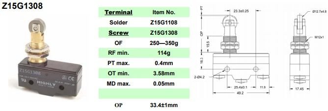 Mikropārslēdzējs ar štoku (ar ruliti), SPDT, ON-(ON), 20A/250VAC, IP40, 49.2x17.45x24.2mm, 1kontakts, rulis garenvirziens