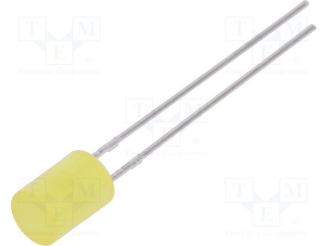 5mm, dzeltena, 70...120mcd, 130°, 1.6...2.4V/20mA, 590nm, gaismas diode, plakana