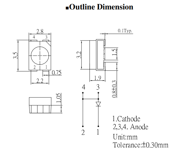 Gaismas diode SMD, dzeltens, 3528, 3500...420mcd, 585-595nm, 2...2.6V/70mA, 120grad., 3.5x2.8x1.9mm, kopējs anods, PLCC4