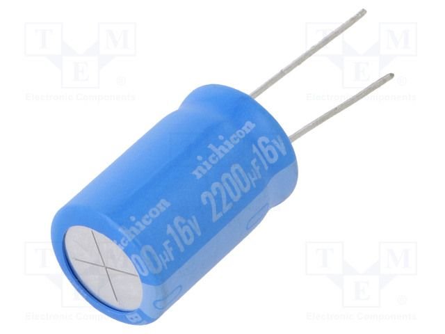 2200/16V, -55...135°C, Ø16x25mm, ±20%, Kondensators elektrolītisks, 3000h, 0.024Ω, NICHICON, ar lokanien izvadiem