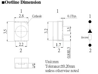 Gaismas diode SMD, aukstā balta(1000K), 3528(PLCC2), 750...1120mcd, 12V/10mA, 120grad., 3.5x2.8x1.7mm, PLCC2