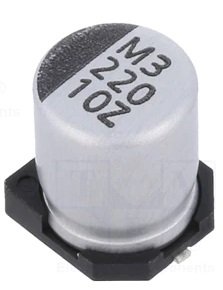 220/10V SMD 105C, Ø6.3x7.7mm, ±20%, elektrolitiskais kondensators, low ESR,	VISHAY