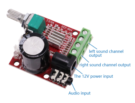 Modulis: audio, jaudas pastiprinātājs, stereo, 2x10W/8R, Class D, DC12V/2A, ar skaļuma kontroli, 40x40x30mm, PAM8610