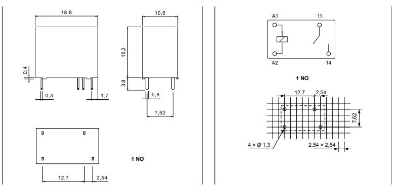 Relejs DC12V, SPST-NO, 5A/250VAC, 5A/28VDC, 320R(37.5mA), viens kontakts uz sasslēgšanu, 18.8x10.6x15.3mm, RELPOL