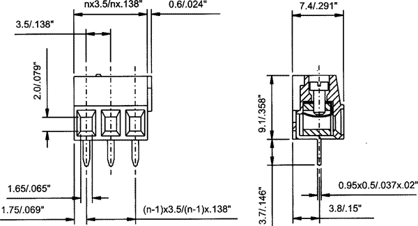 Terminal blocks PCB, 3pin, 3.5mm, 1.0mm2, 300V/12A, 7.4x9.1x10.5mm, leņķisks