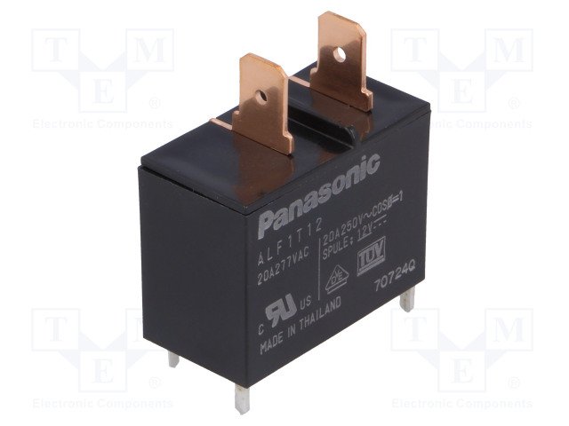 Relejs DC12V, SPST-NO, 20A/250VAC, 160R(75mA), viens kontakts uz saslēgšanu, 30.1x15.7x23.3mm, PANASONIC