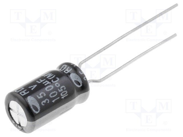 100/35V, 105C, Ø6.3x11mm, ±20%, Kondensators elektrolītisks, 1000h, SAMWHA, ar lokaniem izvadiem