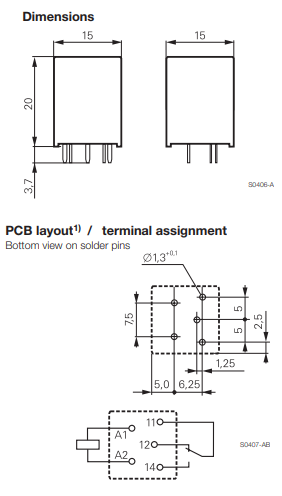 Relejs DC24V, SPDT, 10A/250VAC, 1.6kΩ(15mA), viens kontakts uz pārslēgšanu, 15x15x20mm, TE Connectivity