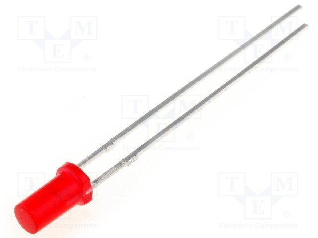 3mm, sarkana, 18..23mcd, 125°, 1.7..2.8V/20mA, 632nm, gaismas diode, plakana