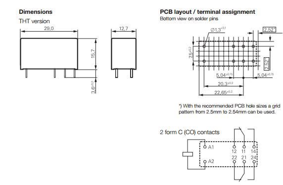 Relejs DC12V, DPDT, 2x8A/250VAC, 2x8A/30VDC, 270R(44.4mA), divi kontakti uz pārslēgšanu, 29x12.5x15.5mm, TE Connectivity