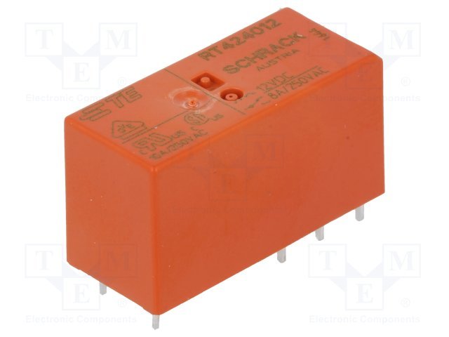 Relejs DC12V, DPDT, 2x8A/250VAC, 2x8A/30VDC, 270R(44.4mA), divi kontakti uz pārslēgšanu, 29x12.5x15.5mm, TE Connectivity