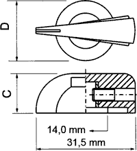 Potenciometru rokturitis Ø19x20.8mm, bakelits, melnā krasa, Ø6.4mm, ar skrūvi, knābis ar rādītāju