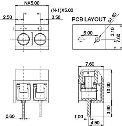 Terminal Blocks PCB, ar skrūvēm, 2pin, 5mm, 1.5mm2, 250V/15A, 10x8x10mm