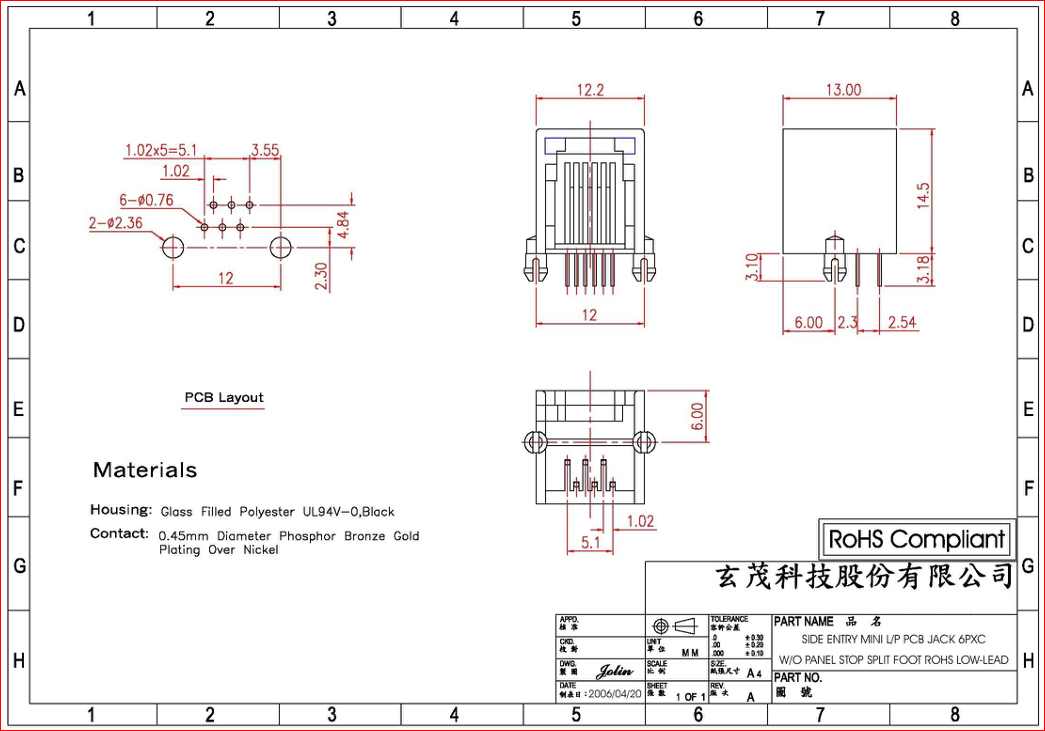 RJ12(6/6) ligzda uz šasija miniatūrais, THT