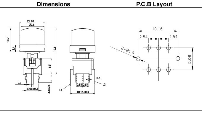 Poga DPDT, ON-ON, 0.1A/30VDC, THT, LED2.2VDC, sarkana/zala krasa, 10x10x19.8mm, ar fiksaciju