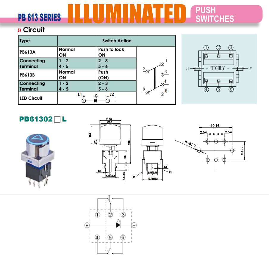 Poga DPDT, ON-ON, 0.1A/30VDC, THT, LED3.3VDC, zila krasa, 10x10x19.8mm, ar fiksaciju