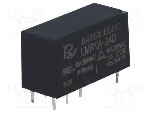 Relejs DC24V, SPDT, 16A/250VAC, 16A/30VDC, 1.1kΩ(21.8mA) viens kontakts uz pārslēgšanu, 29x12.5x15.5mm, RAYEX ELECTRONICS