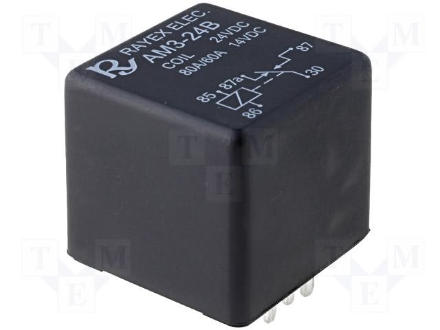 Relejs DC24V, SPDT, 60A/14VDC, 288Ω(83mA), viens kontakts uz pārslēgšanu, 28x28x25mm, RAYEX ELECTRONICS