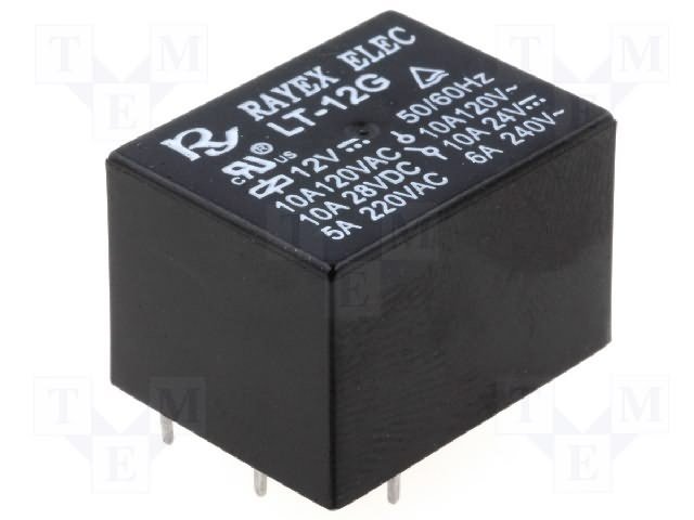 Relejs DC12V, SPDT, 10A/250VAC, 10A/24VDC, 320R(37.5mA), viens kontakts uz pārslēgšanu, 21.8x16.8x14.2mm, RAYEX ELECTRONICS