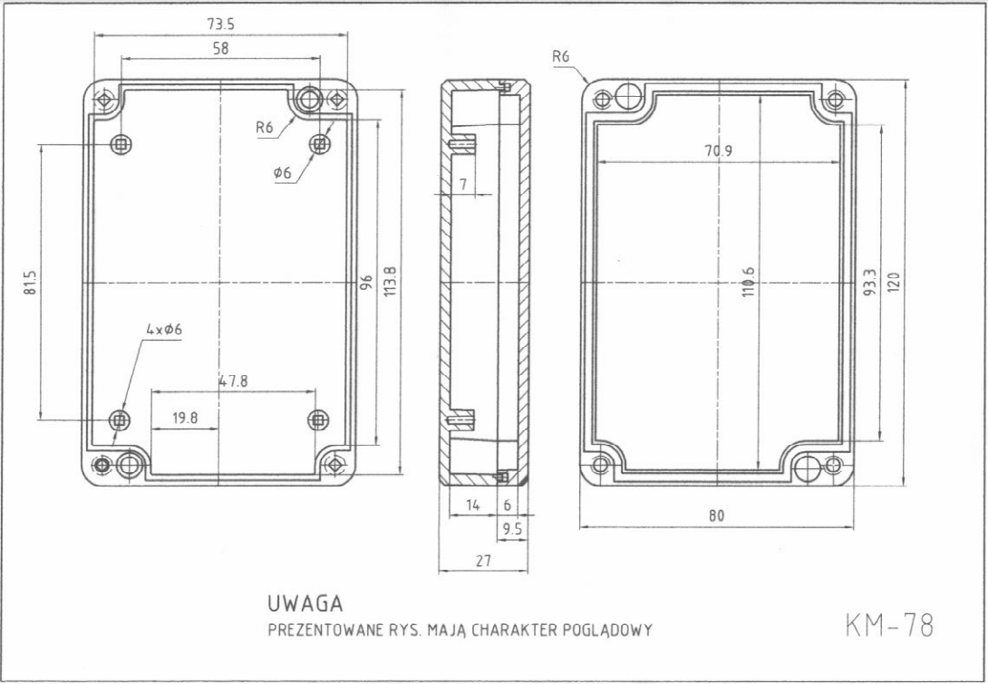 Plastmasas korpuss, 80x120x27mm, IP55, ABS, pelekā krasa