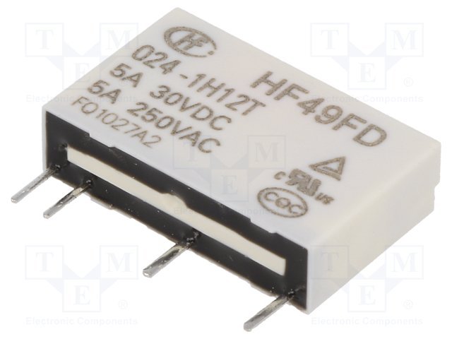 Relejs DC24V, SPST-NO, 5A/250VAC, 5A/30VDC, 3.2kΩ(7.5mA), viens kontakts uz saslēgšanu, 20x5x12.5mm, HONGFA RELAY