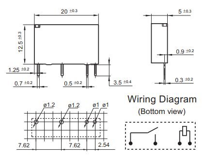 Relejs DC24V, SPST-NO, 5A/250VAC, 5A/30VDC, 3.2kΩ(7.5mA), viens kontakts uz saslēgšanu, 20x5x12.5mm, HONGFA RELAY